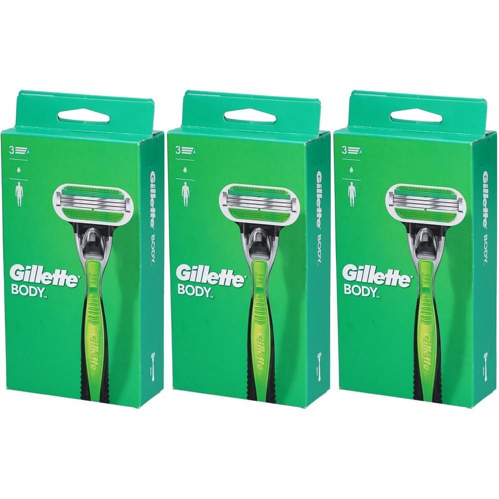Drei grüne Verpackungen mit Rasierern. Auf jeder Packung steht "Gillette BODY". Die Rasierer sind abgebildet.