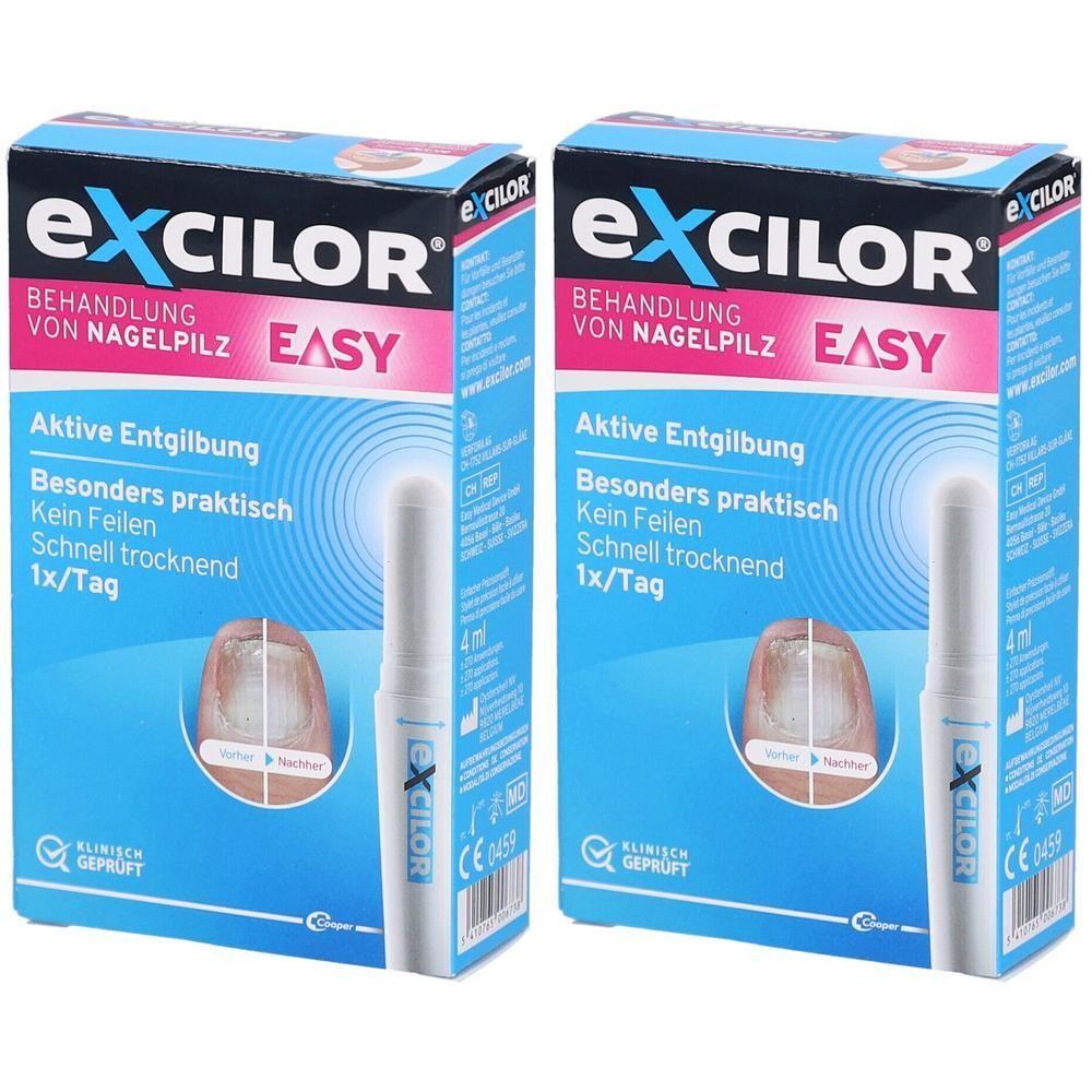 Zwei Packungen EXCILOR EASY Dosierstift. Blaue Verpackung mit Produktnamen und Anwendungsdetails. Enthält einen Applikator.