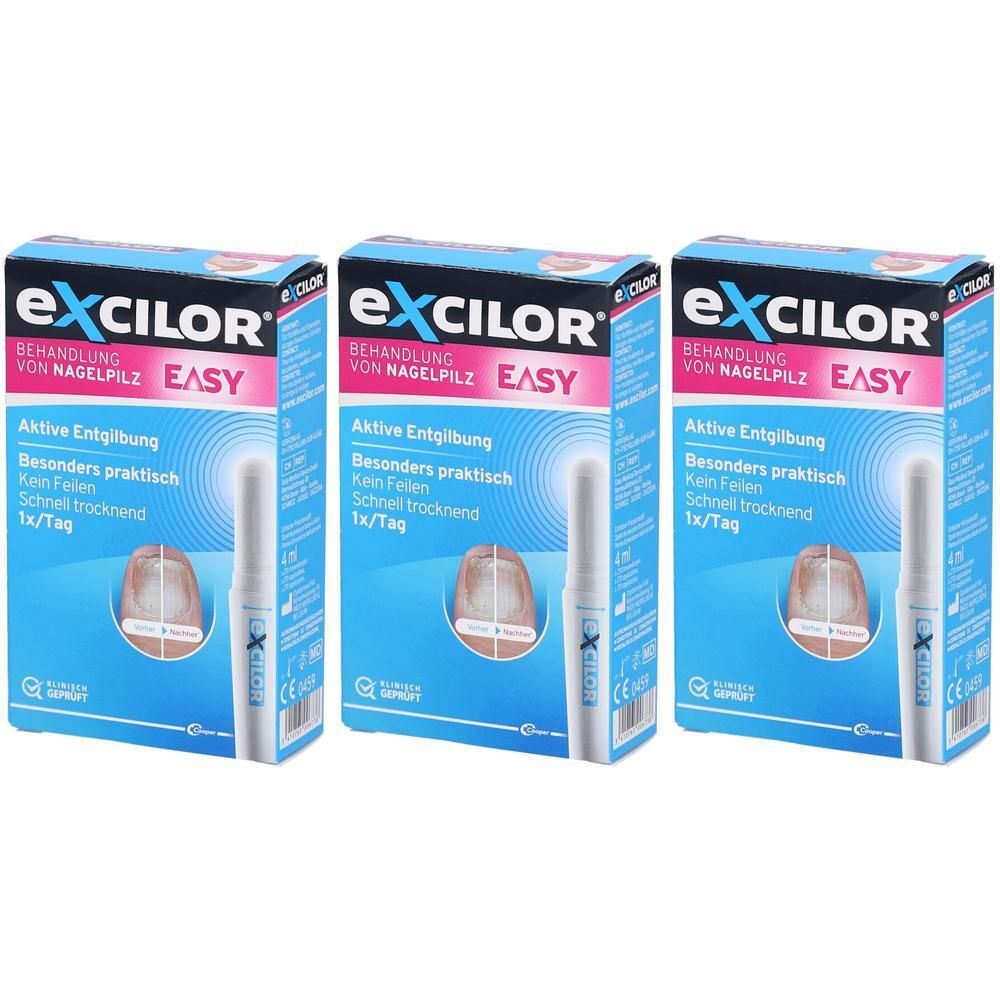 Drei Schachteln mit Produkt. Aufschrift: EXCILOR EASY, Behandlung von Nagelpilz. Enthält einen Applikator. Blaue und weiße Verpackung.