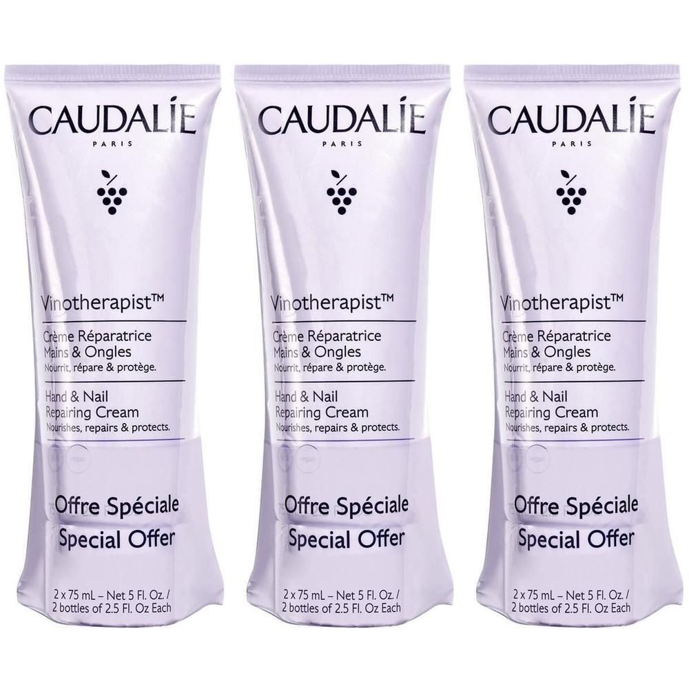 Drei Tuben Handcreme. Auf jeder Tube steht CAUDALIE, Vinotherapist, Crème Mains & Ongles. Verpackung mit „Special Offer“.
