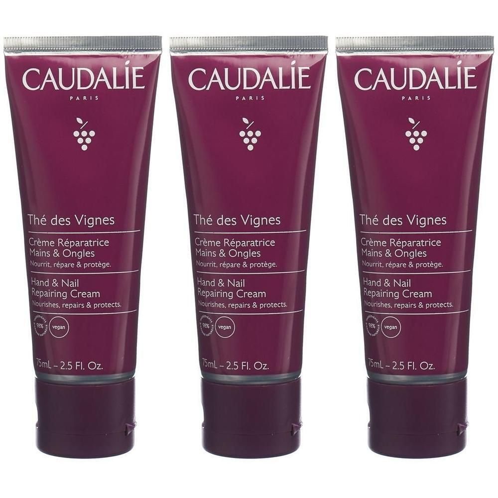 Drei Tuben Hand- und Nagelcreme. Auf jeder Tube steht CAUDALIE, Thé des Vignes, Crème Réparatrice Mains & Ongles, Hand & Nail Repairing Cream.