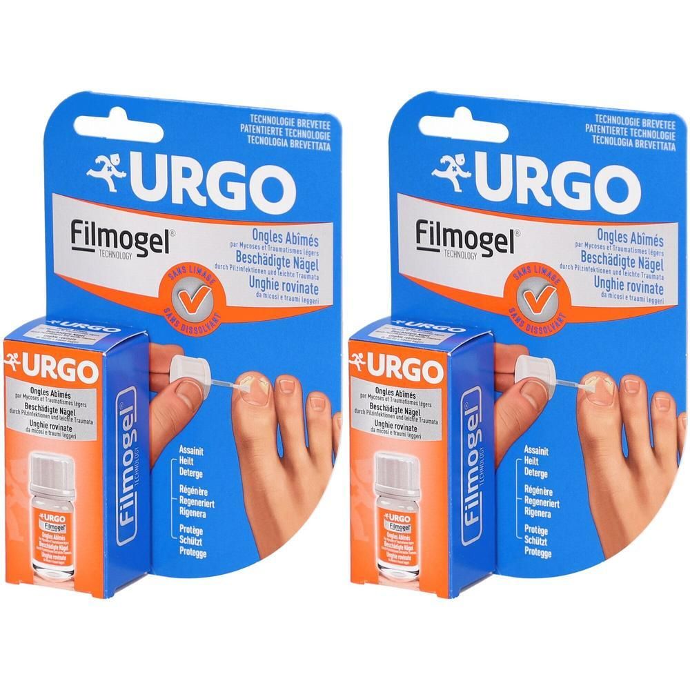 URGO Filmogel für beschädigte Nägel: Zwei Packungen mit je einem Fläschchen und Applikator zur Nagelpflege.