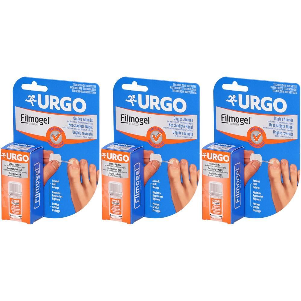 Drei Packungen URGO Filmogel für beschädigte Nägel. Kleine Fläschchen mit Applikator.