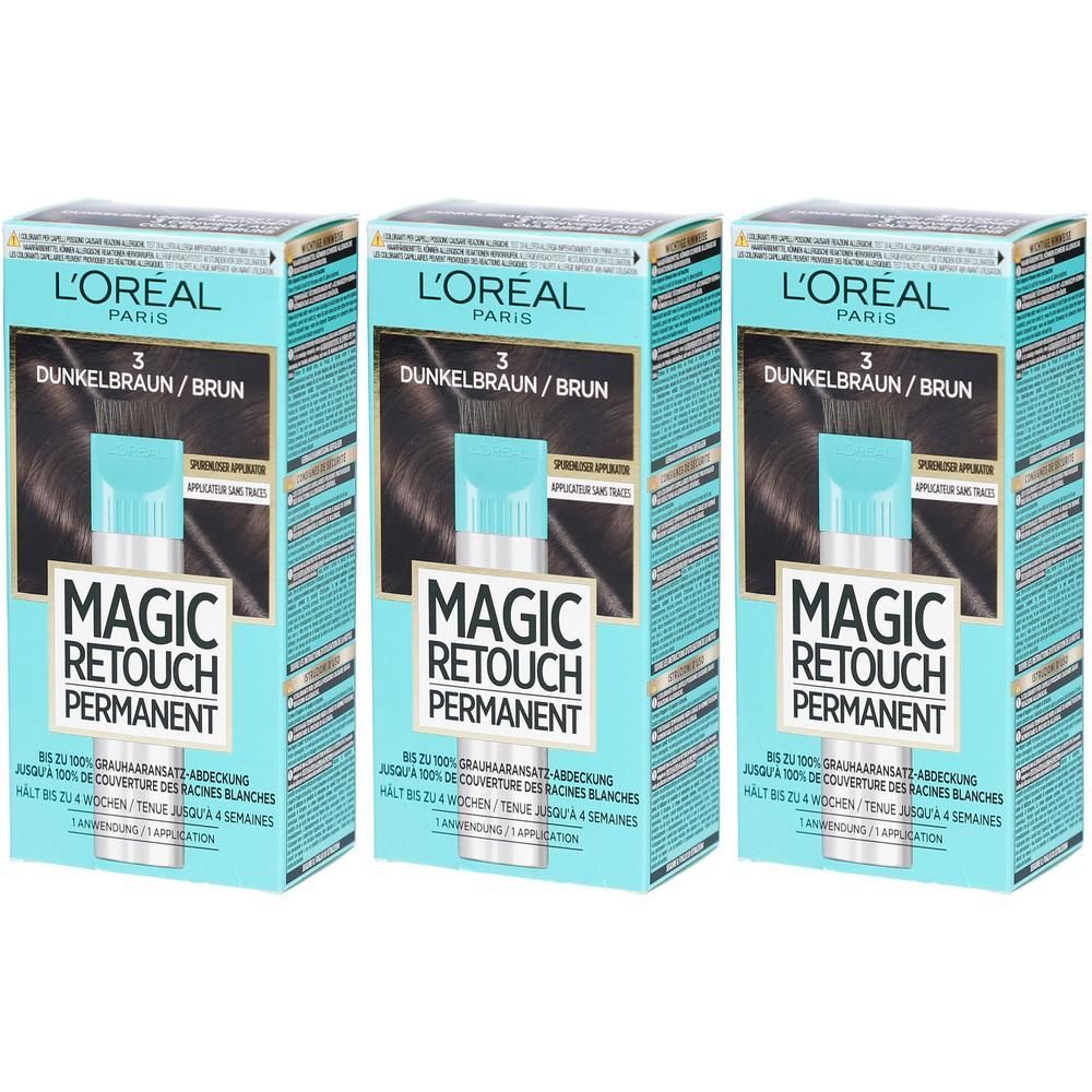 Trois boîtes de L'Oréal Magic Retouch Permanent pour retouche racines, brun foncé.