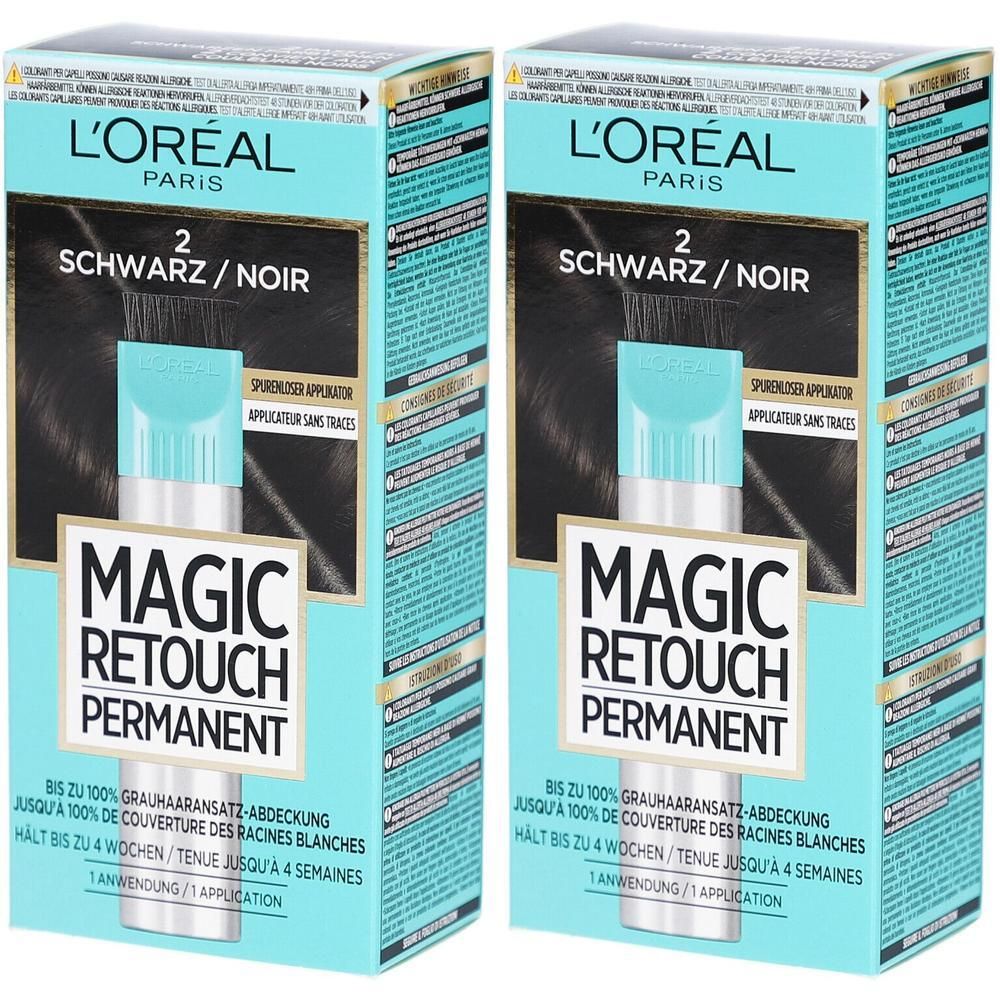 Zwei Packungen L'Oréal Paris Magic Retouch Permanent Haarfarbe, Schwarz 2, mit Applikator.