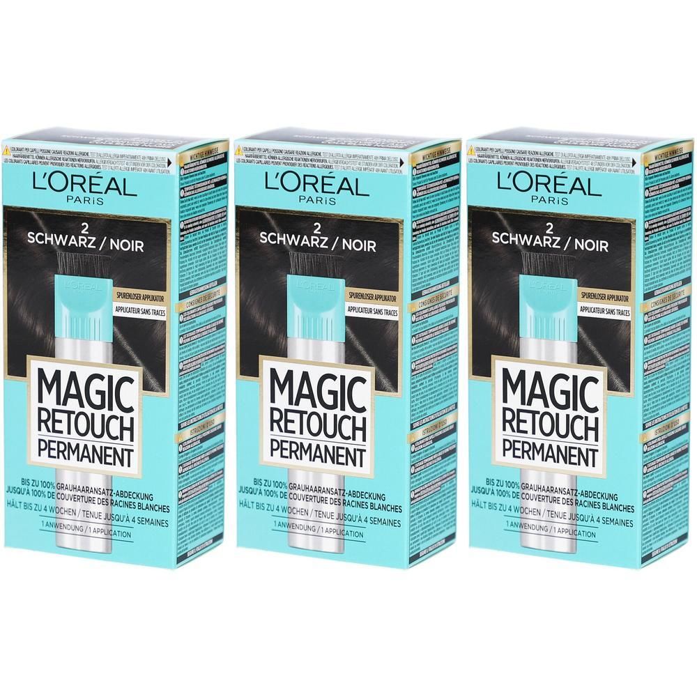 Drei Schachteln L'Oréal Paris Magic Retouch Permanent Haarfarbe in Schwarz.