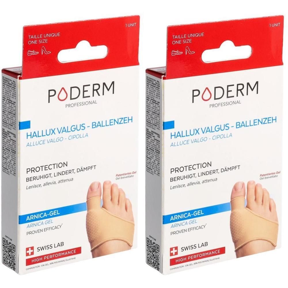 Zwei PODERM PROF Schutzorthese-Verpackungen. Weiße Schachteln mit roter Oberseite. Text: HALLUX VALGUS, ARNICA-GEL, SWISS LAB. Abbildung eines Fußes mit Orthese.