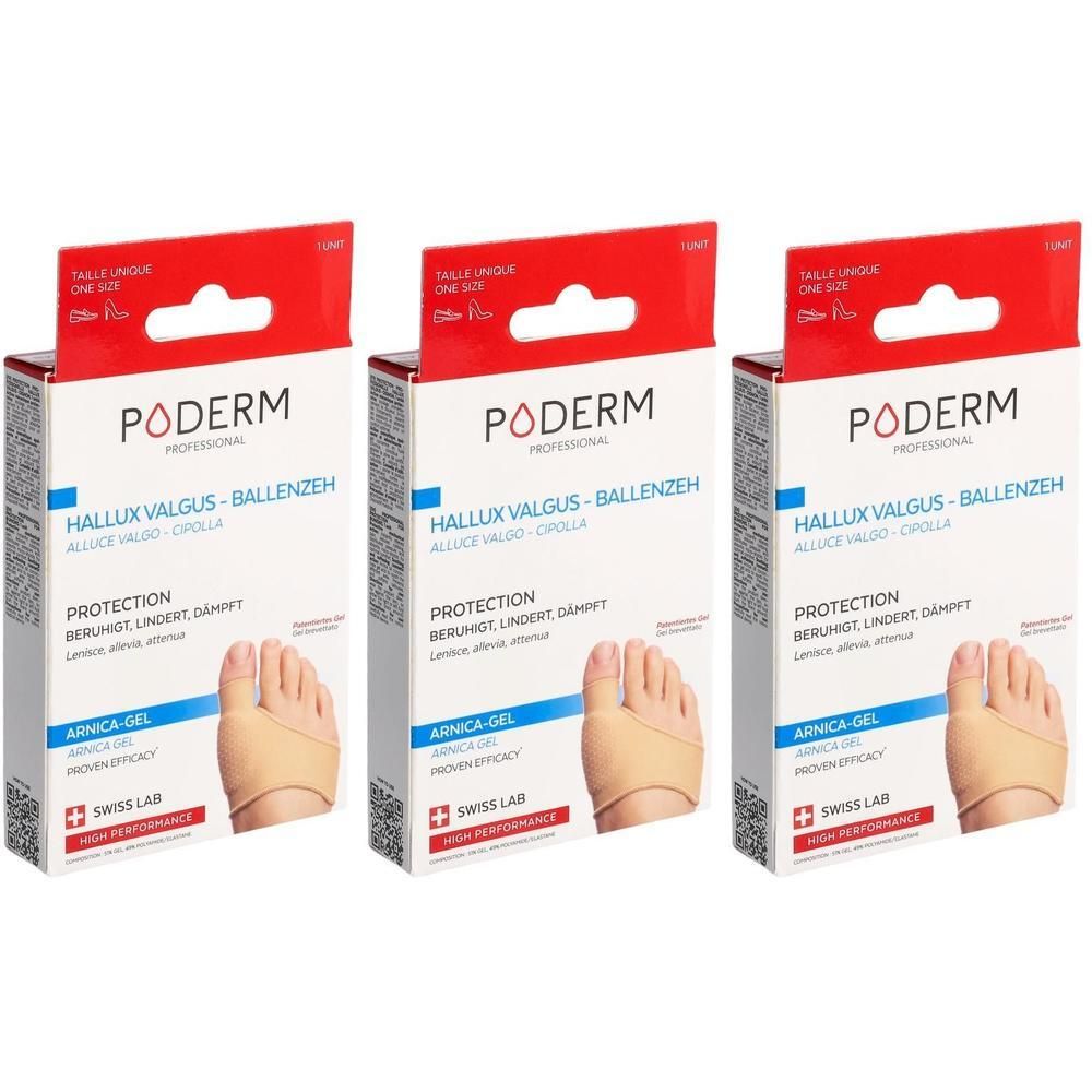 Drei PODERM PROF Schutzorthesen für Hallux Valgus in Verpackung. Rote und weiße Schachteln mit Produktabbildung und Text.