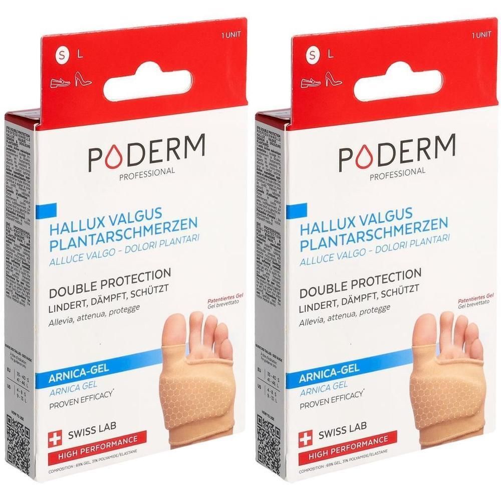 Zwei PODERM PROF Doppelschutz-Verpackungen. Aufdruck: Hallux Valgus, Doppelschutz, Arnica-Gel. Swiss Lab. Produktabbildung.