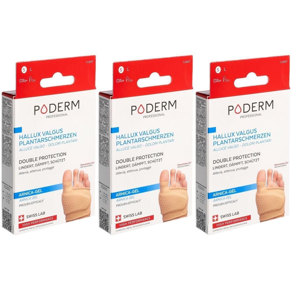 Drei PODERM PROF Doppelschutz-Verpackungen. Aufdruck: Hallux Valgus Plantarschmerzen, Double Protection. Enthält Arnica-Gel. Swiss Lab.