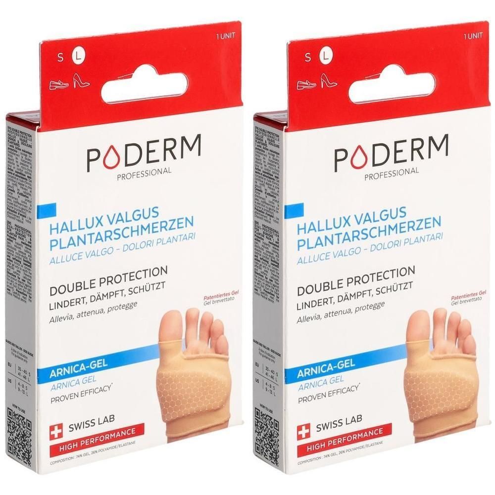 Zwei PODERM PROF Doppelschutz-Verpackungen. Aufschrift: Hallux Valgus, Plantarschmerzen, Double Protection. Enthält Arnica-Gel. Swiss Lab.
