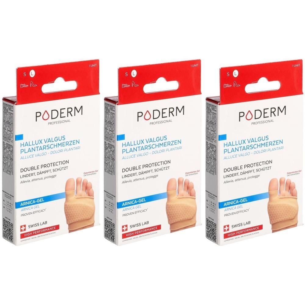 Drei PODERM PROF Doppelschutz-Verpackungen. Rote und weiße Schachteln mit Produktinformationen und Abbildung eines Fußes mit Hallux Valgus.