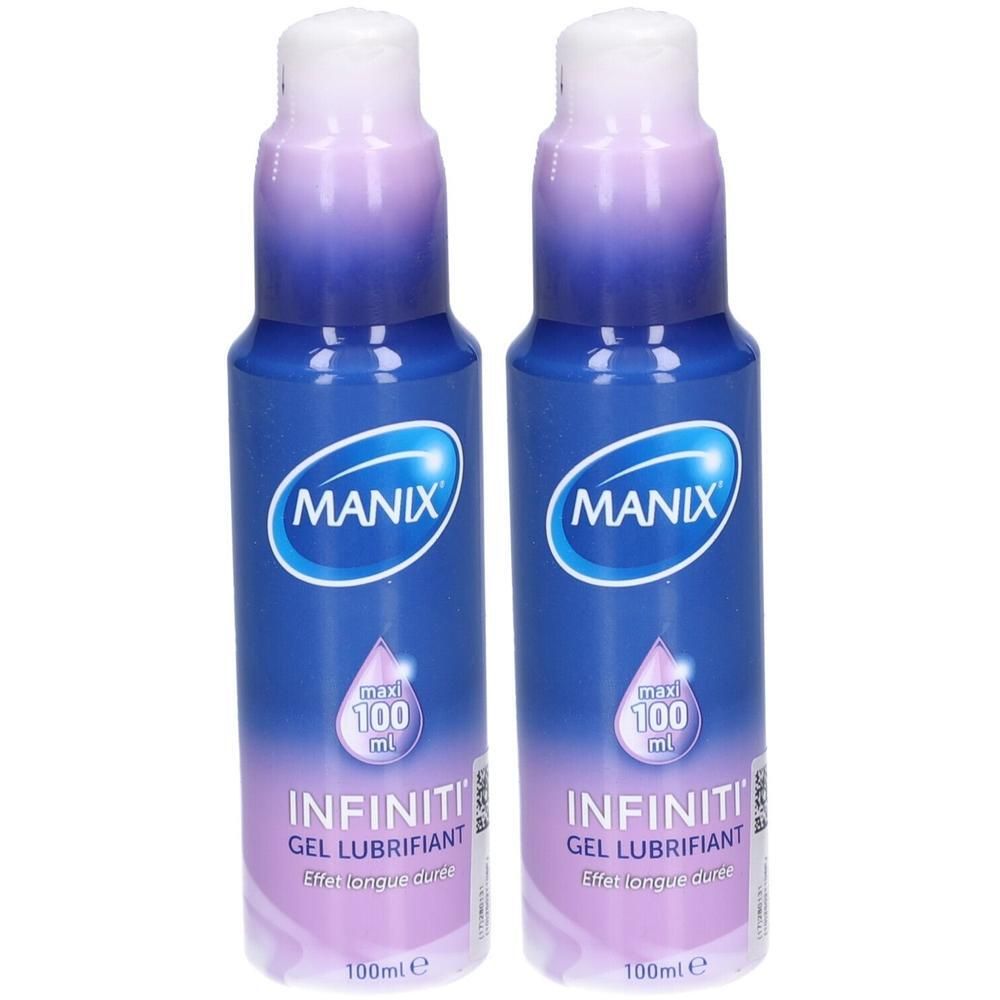 Zwei blaue Flaschen mit weißem Deckel. Auf jeder Flasche steht "MANIX" und "INFINITI GEL LUBRIFIANT".