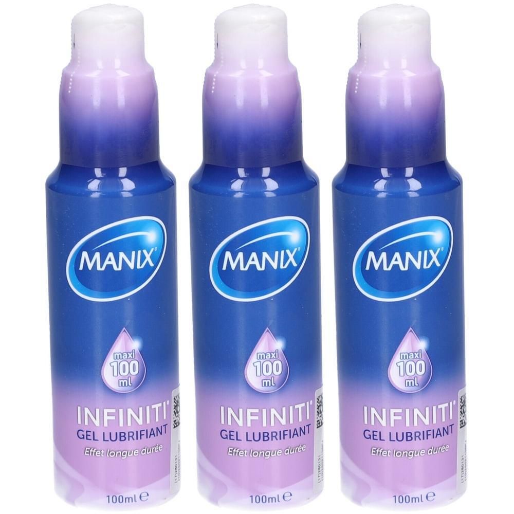 Drei blaue Flaschen mit weißem Deckel. Auf jeder Flasche steht "MANIX" und "INFINITI GEL LUBRIFIANT".