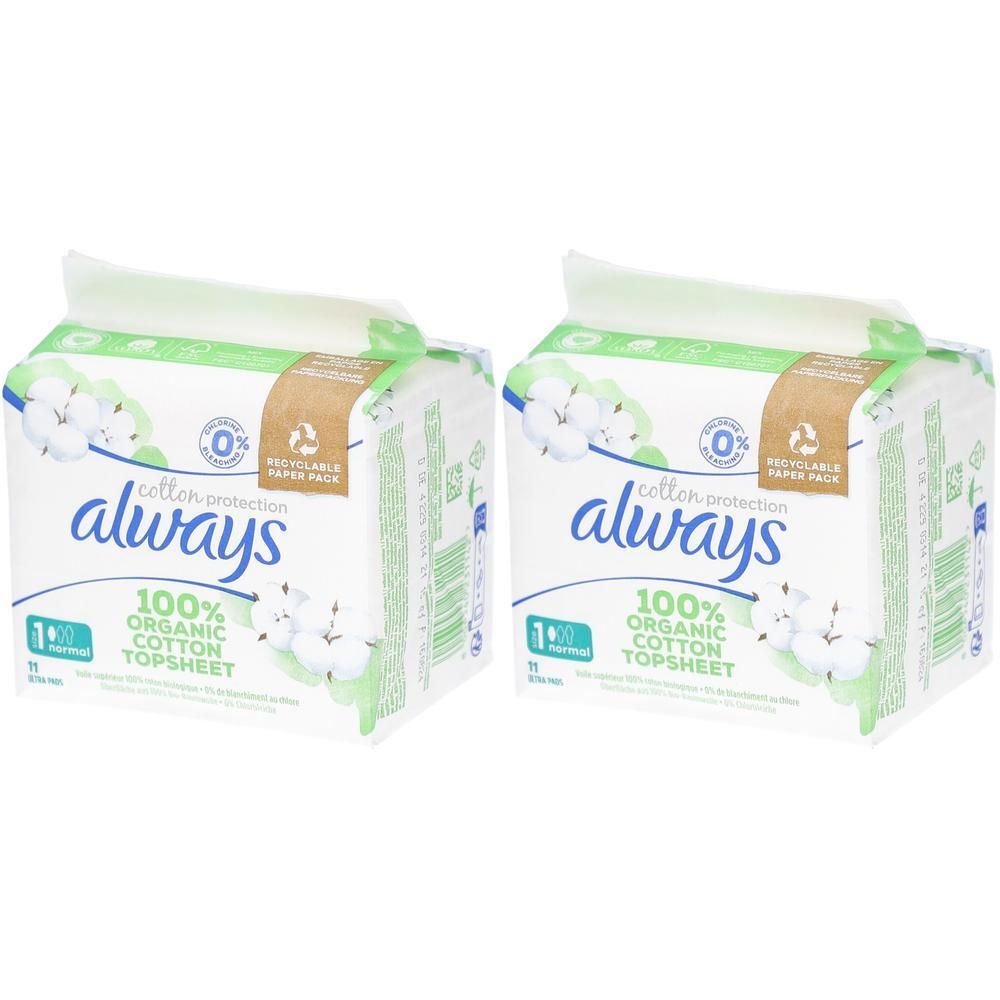 Zwei Packungen Always Ultra Binden. Weiße Verpackung mit grünen Akzenten und Baumwollblüten-Motiv. Aufdruck: Always, 100% Organic Cotton Topsheet.