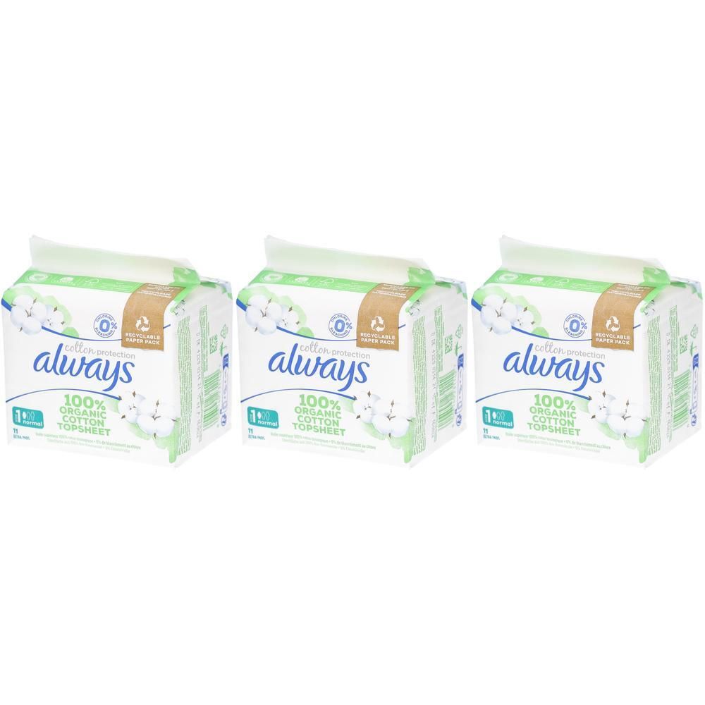 Drei Packungen Damenbinden. Weiße Verpackung mit grünem Akzent und Logo. Aufdruck: Always, 100% Organic Cotton Topsheet.