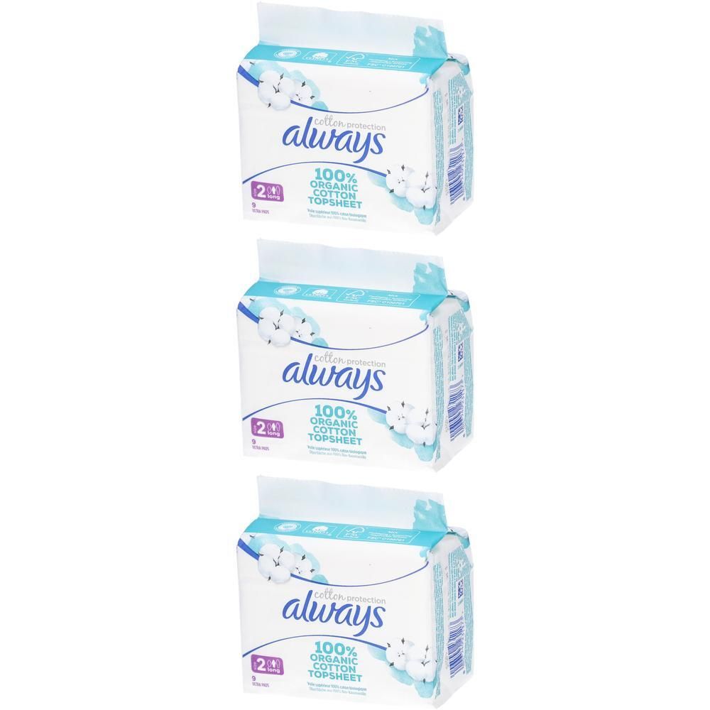 Trois paquets de serviettes Always Ultra. Chaque paquet affiche le logo Always, 100% coton biologique et 2 ailes. Emballage blanc et bleu.