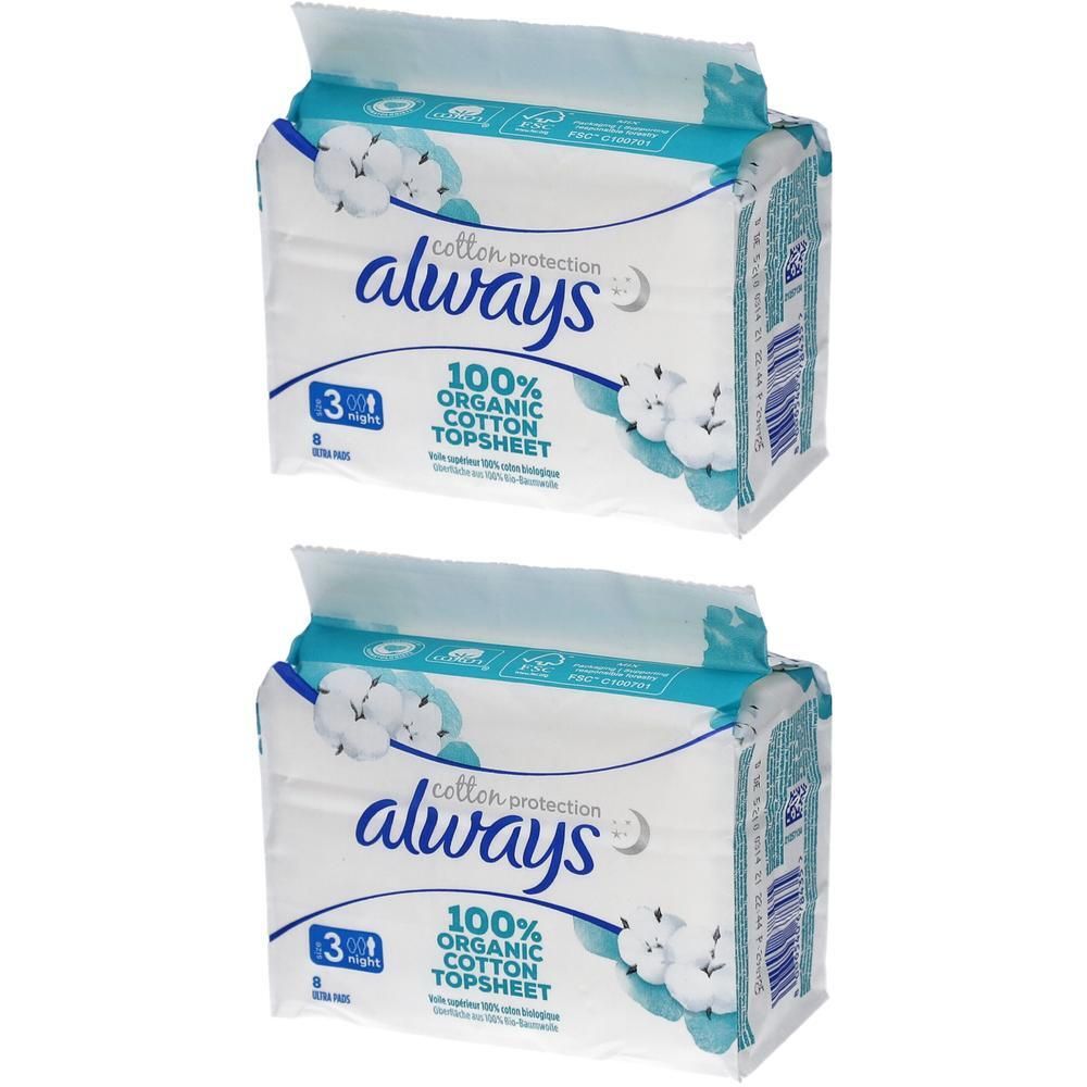 Deux paquets de serviettes hygiéniques. Inscription "always", "cotton protection" et "100% Organic Cotton Topsheet". Version nuit.