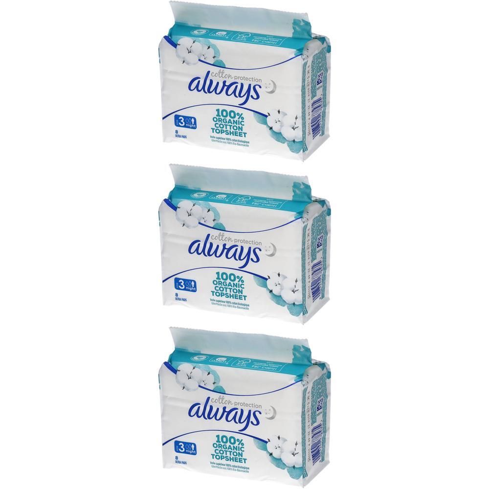 Trois paquets de serviettes Always Ultra. Emballage avec logo Always, indication coton et informations produit. Design bleu clair et blanc.
