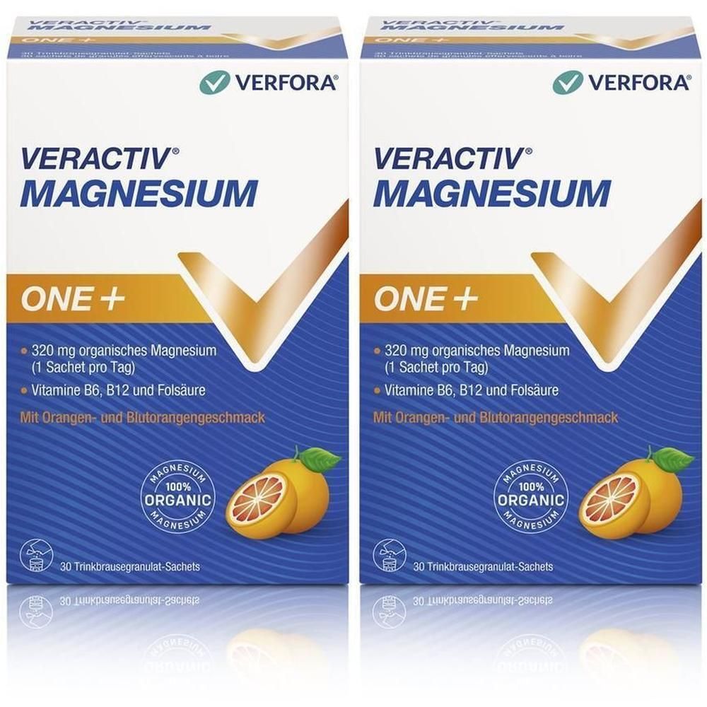 Zwei Packungen VERACTIV Magnesium. Blaue Verpackung mit Produktnamen und Inhaltsangaben. Abbildung einer Orange.