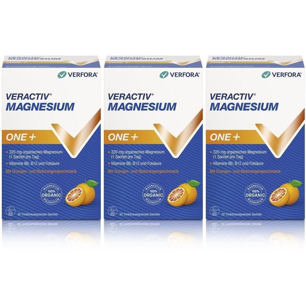 Drei Packungen VERACTIV MAGNESIUM ONE+. Blaue Verpackung mit weißer Schrift und einem goldenen Akzent. Abbildung einer Orange.