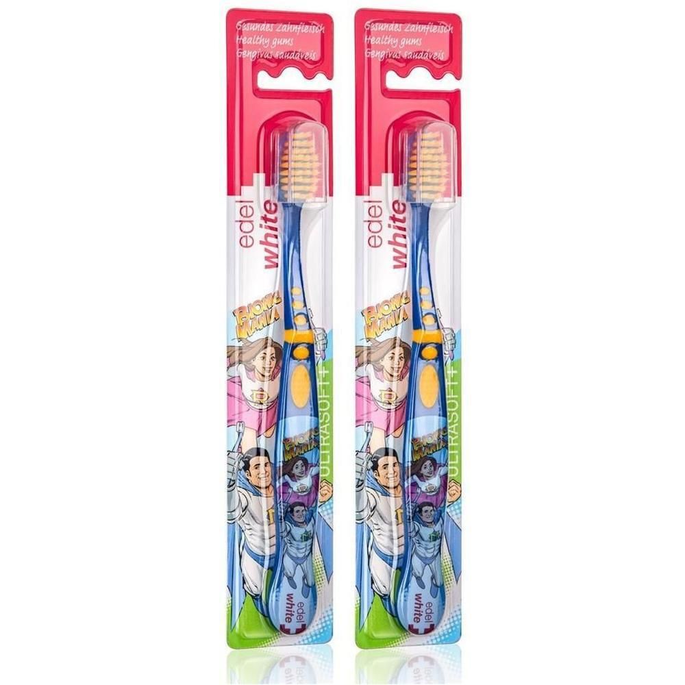Zwei Zahnbürsten in Verpackung. Blaue Griffe, gelbe Borsten. Marke: edel+white. Kinderzahnbürste.