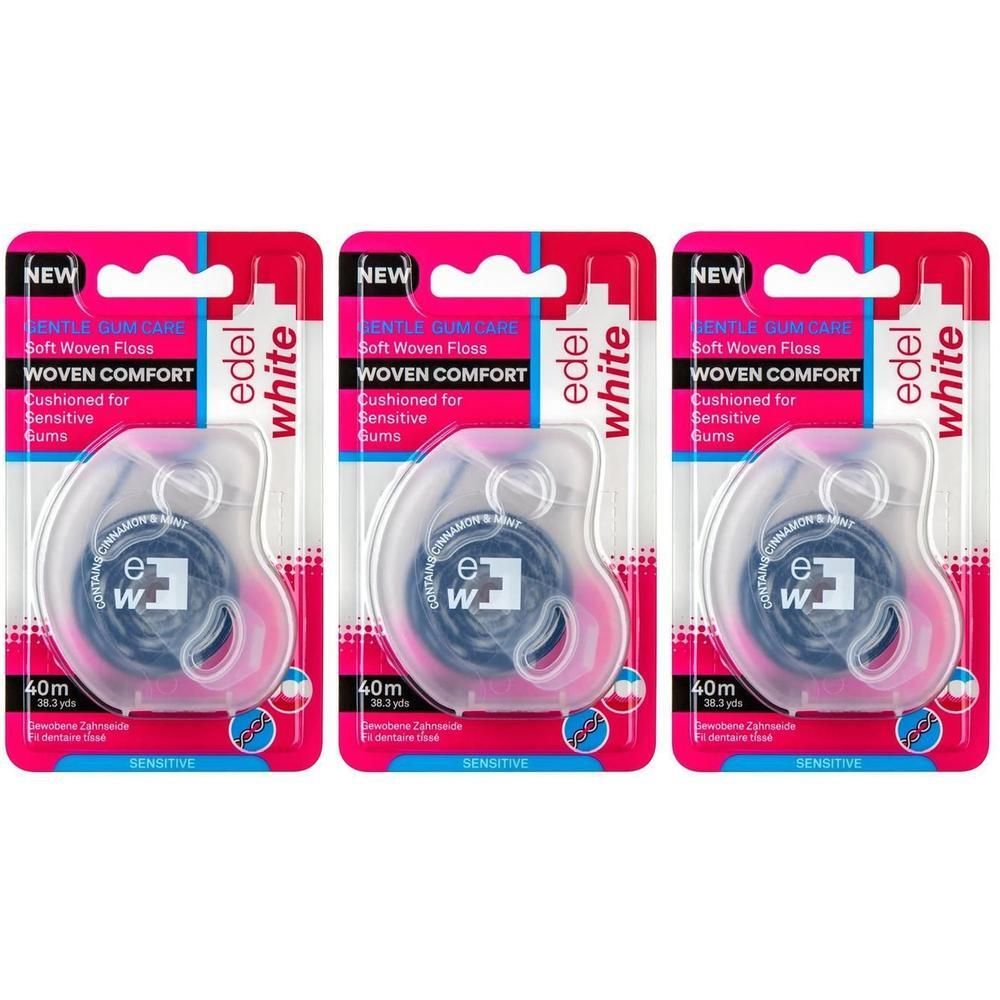 Drei Packungen Zahnseide. Rosa-weiße Verpackung mit Produktinformationen. Marke: edel+white. Aufschrift: Soft Woven Floss, 40m.