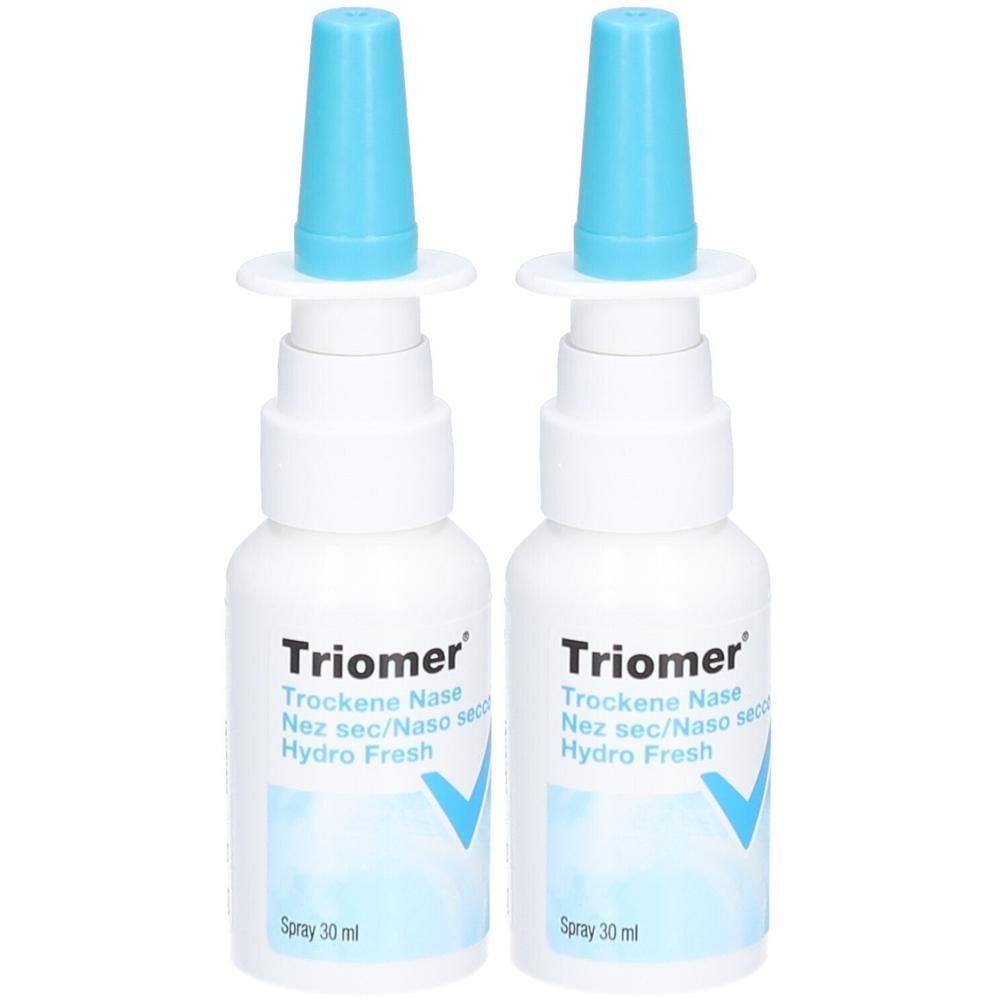 Zwei weiße Sprühflaschen mit blauen Aufsätzen. Auf jeder Flasche steht "Triomer Trockene Nase Hydro Fresh".