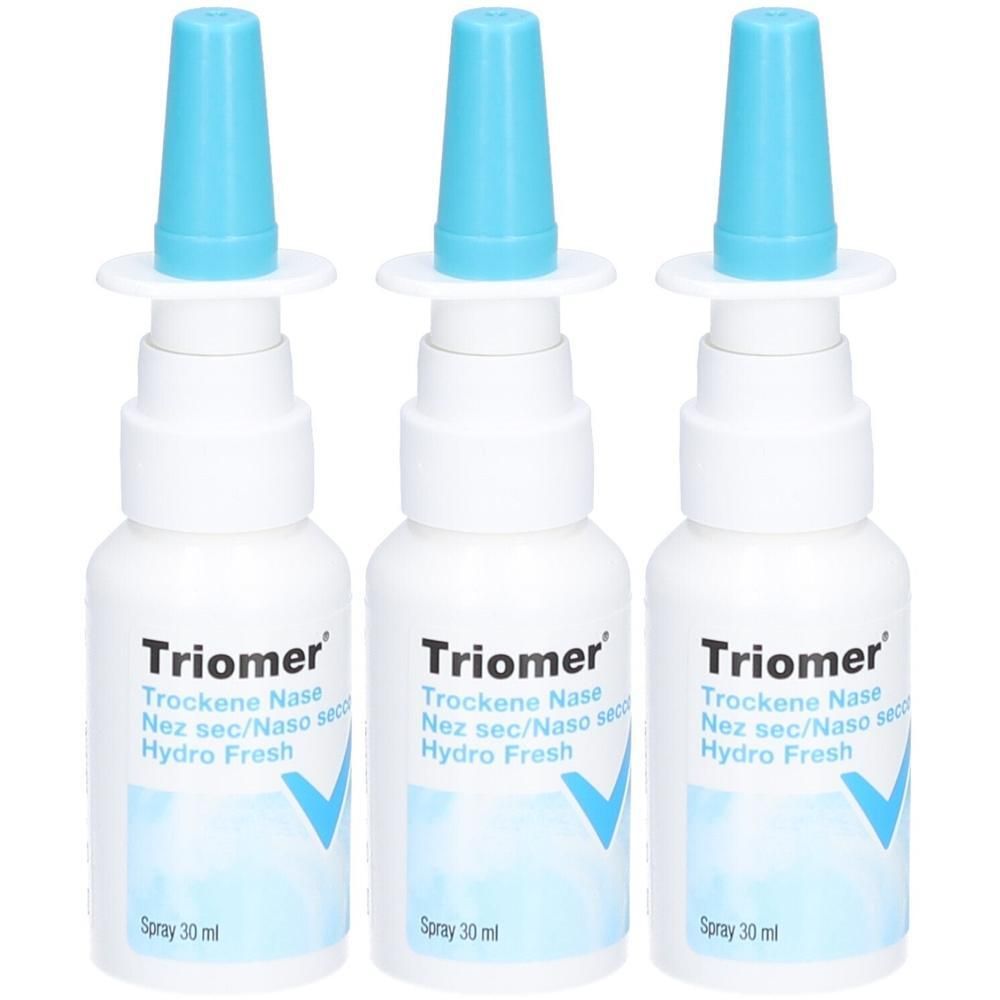 Drei weiße Sprühflaschen mit blauem Sprühkopf. Auf jeder Flasche steht "Triomer Hydro Fresh".