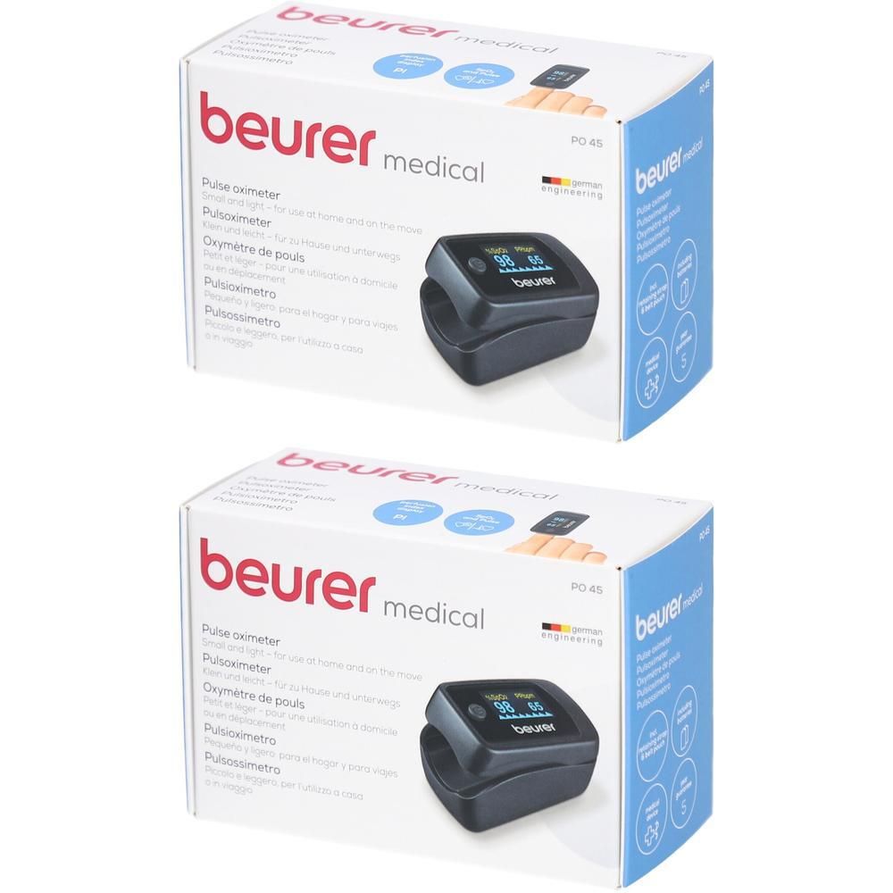 Zwei Packungen Pulsoximeter. Schwarzes Gerät mit Display, auf weißem Karton mit Markenlogo und Produktbezeichnung.