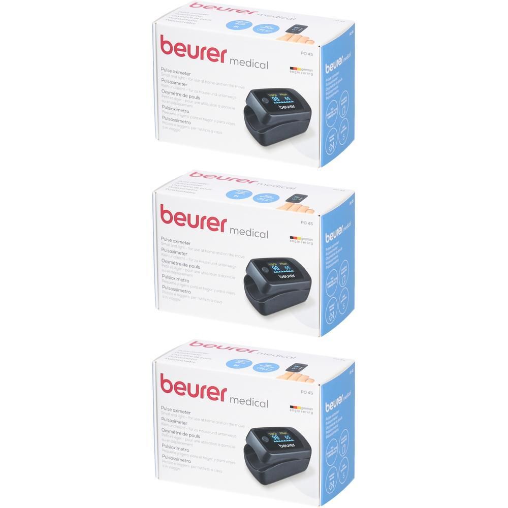 Drei Packungen Beurer Pulsoximeter PO 45. Jede Packung zeigt ein schwarzes Gerät mit Display. Aufdruck: Beurer medical.