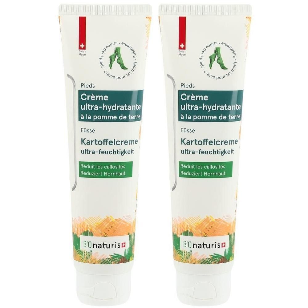 Zwei Tuben Fußcreme. Weiße Tuben mit grünen und roten Akzenten. Text: Kartoffelcreme, ultra-feuchtigkeit. Marke: Bionaturis.