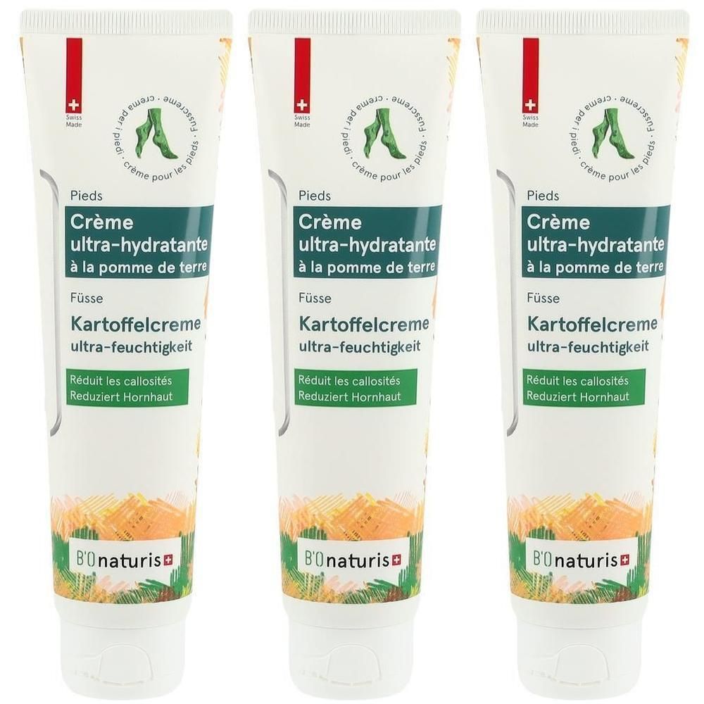 Drei Tuben Fußcreme. Weiße Tuben mit grünen und roten Akzenten. Text: Kartoffelcreme, ultra-feuchtigkeit. Logo: Bionaturis.