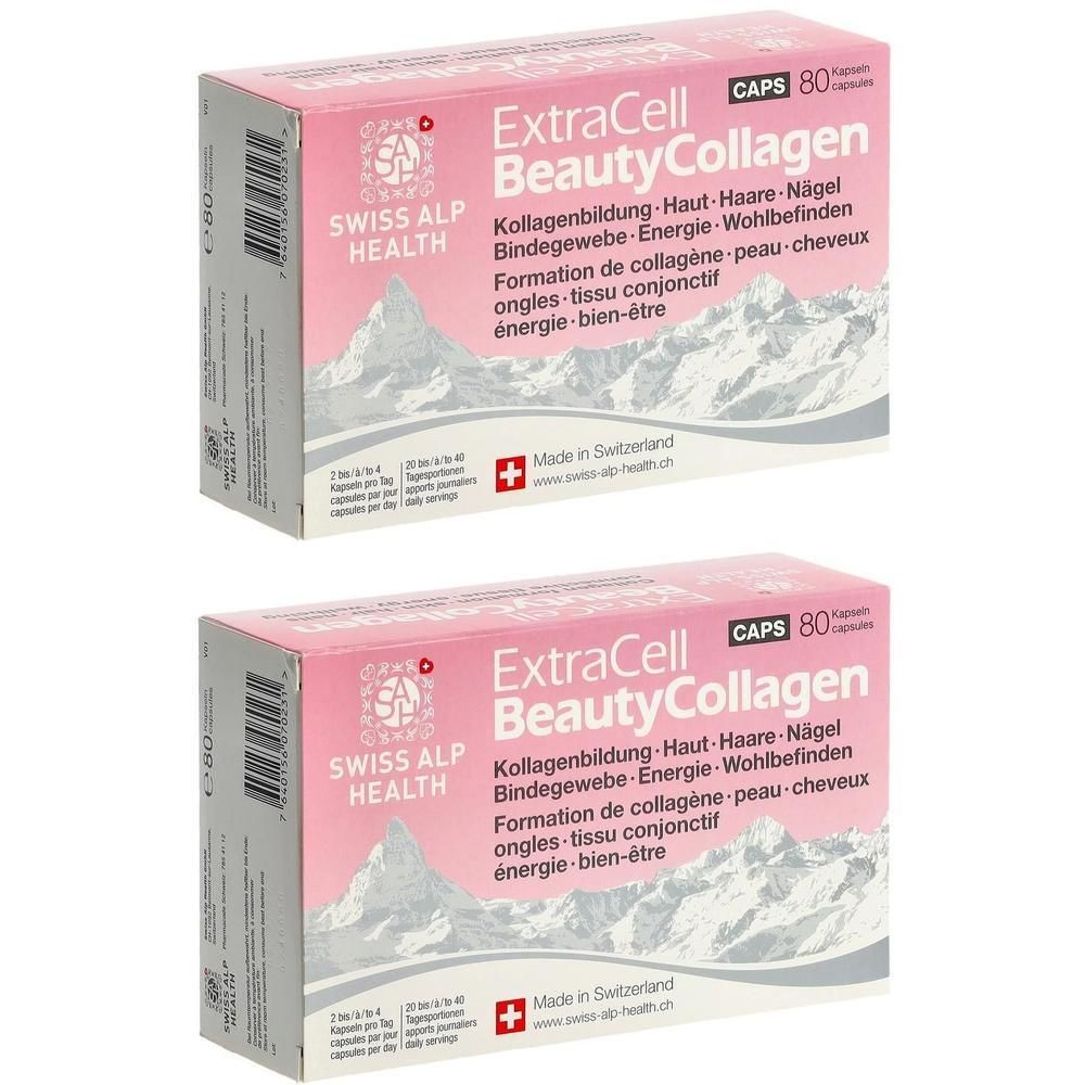 Deux boîtes roses de capsules "ExtraCell Beauty Collagen". Inscription "CAPS 80". Drapeau suisse et logo.