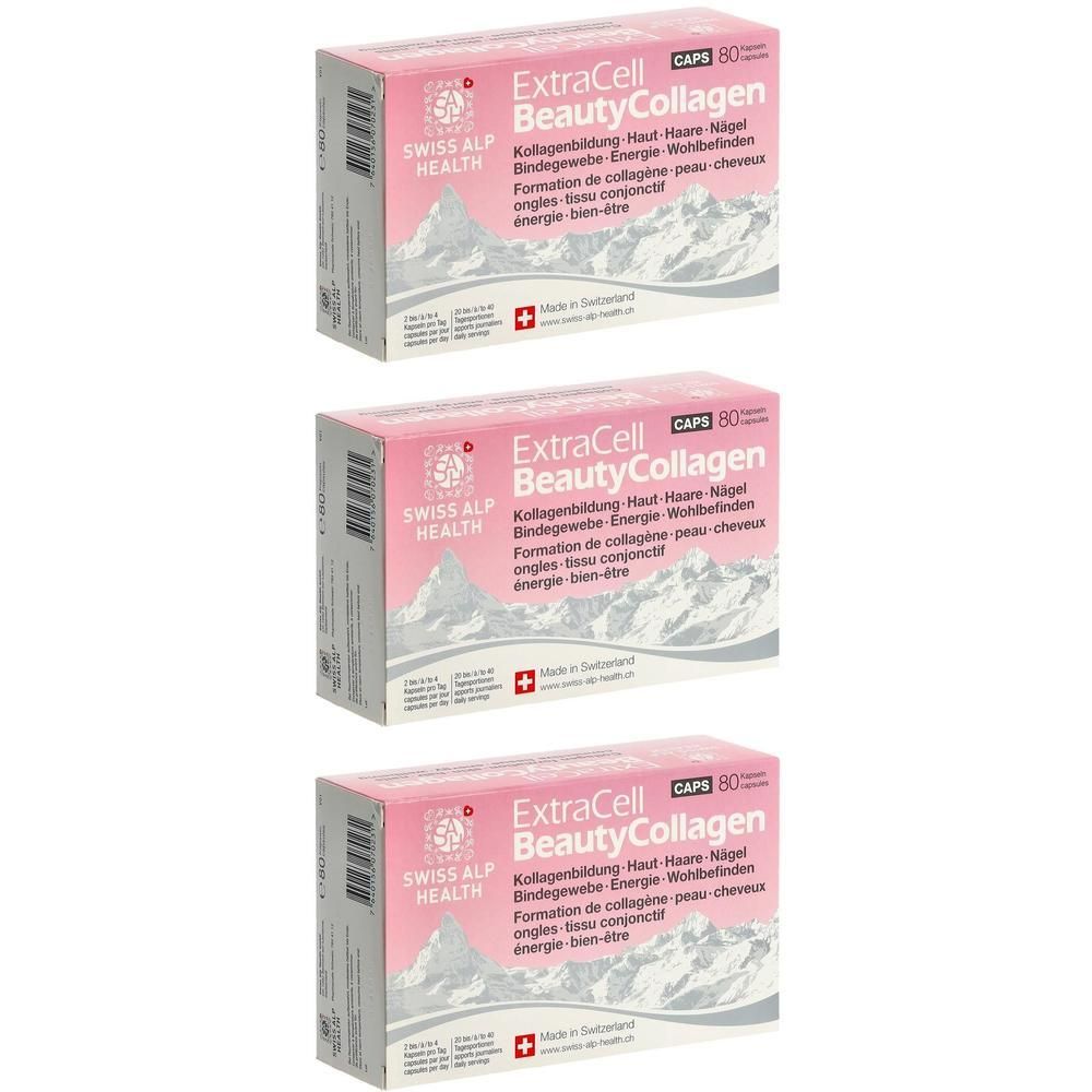 Trois boîtes roses ExtraCell Beauty Collagen. Inscription: Capsules 80. Croix suisse. Texte en allemand, français.