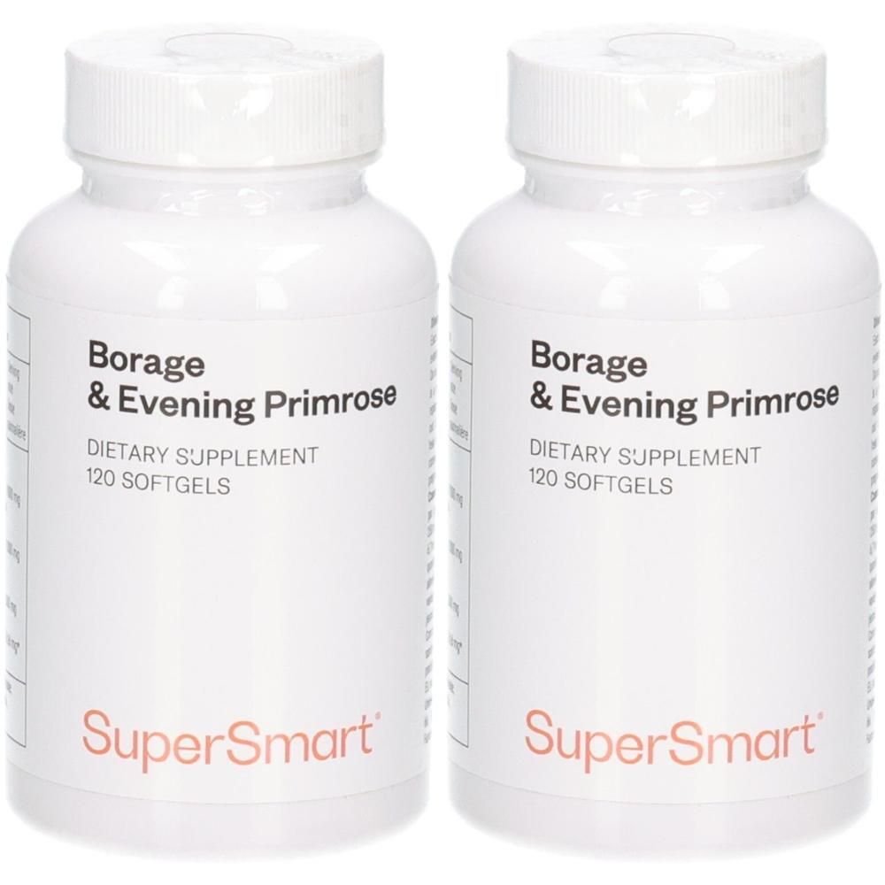 Deux bouteilles de Borage & Evening Primrose, supplément alimentaire, 120 gélules molles par bouteille.