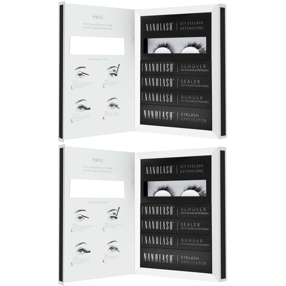 Zwei offene Nanolash DIY Starter Kits. Jedes Kit enthält Wimpern, Remover, Sealer, Bonder und Applikator. Schwarze Verpackung.