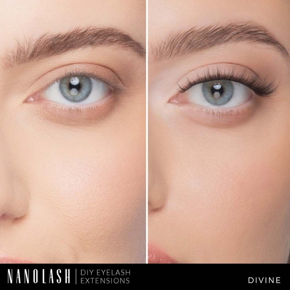 Nahaufnahme eines Auges vor und nach der Anwendung von Nanolash DIY Wimpernverlängerungen. Deutliche Verbesserung der Wimpernlänge.
