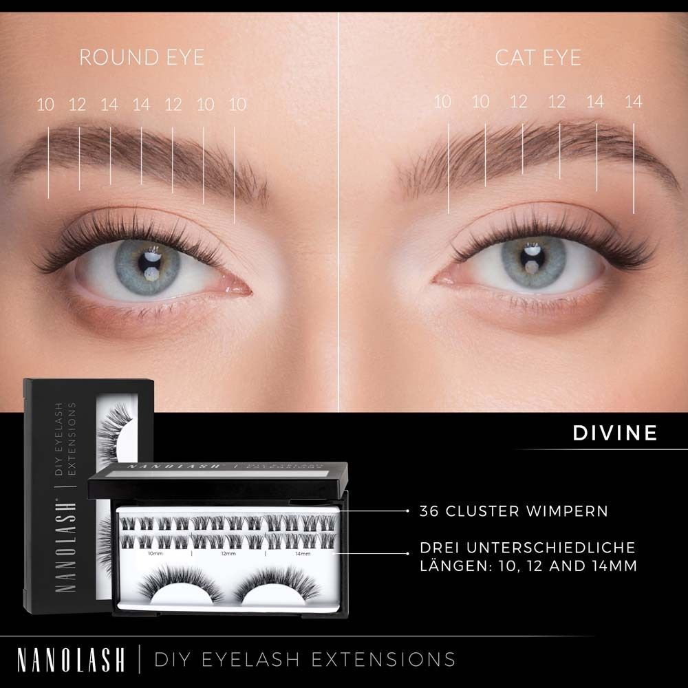 Nahaufnahme von Augen mit verschiedenen Wimpernlängen. Nanolash DIY Wimpernverlängerungen in einer Verpackung mit 36 Wimpern.