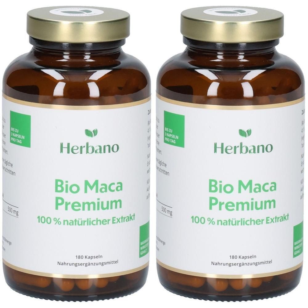 Zwei braune Glasflaschen mit goldenen Deckeln. Auf den Etiketten steht "Herbano Bio Maca Premium 100% natürlicher Extrakt". Jede Flasche enthält 180 Kapseln.
