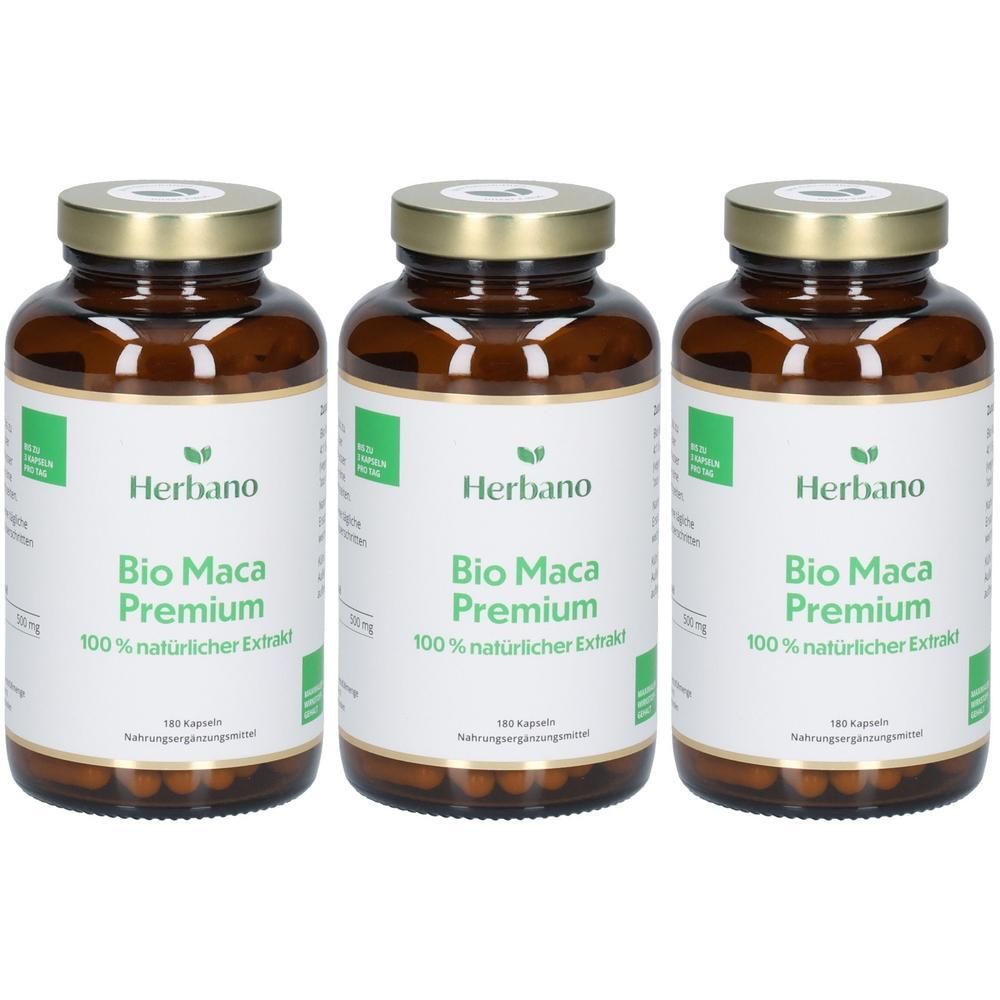 Drei braune Glasflaschen mit goldenen Deckeln. Auf den Etiketten steht "Herbano Bio Maca Premium 100% natürlicher Extrakt".