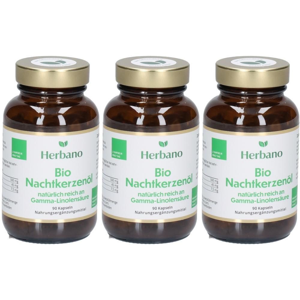 Drei braune Glasflaschen mit goldenen Deckeln. Auf den Etiketten steht "Herbano Bio Nachtkerzenöl". Jede Flasche enthält 90 Kapseln.