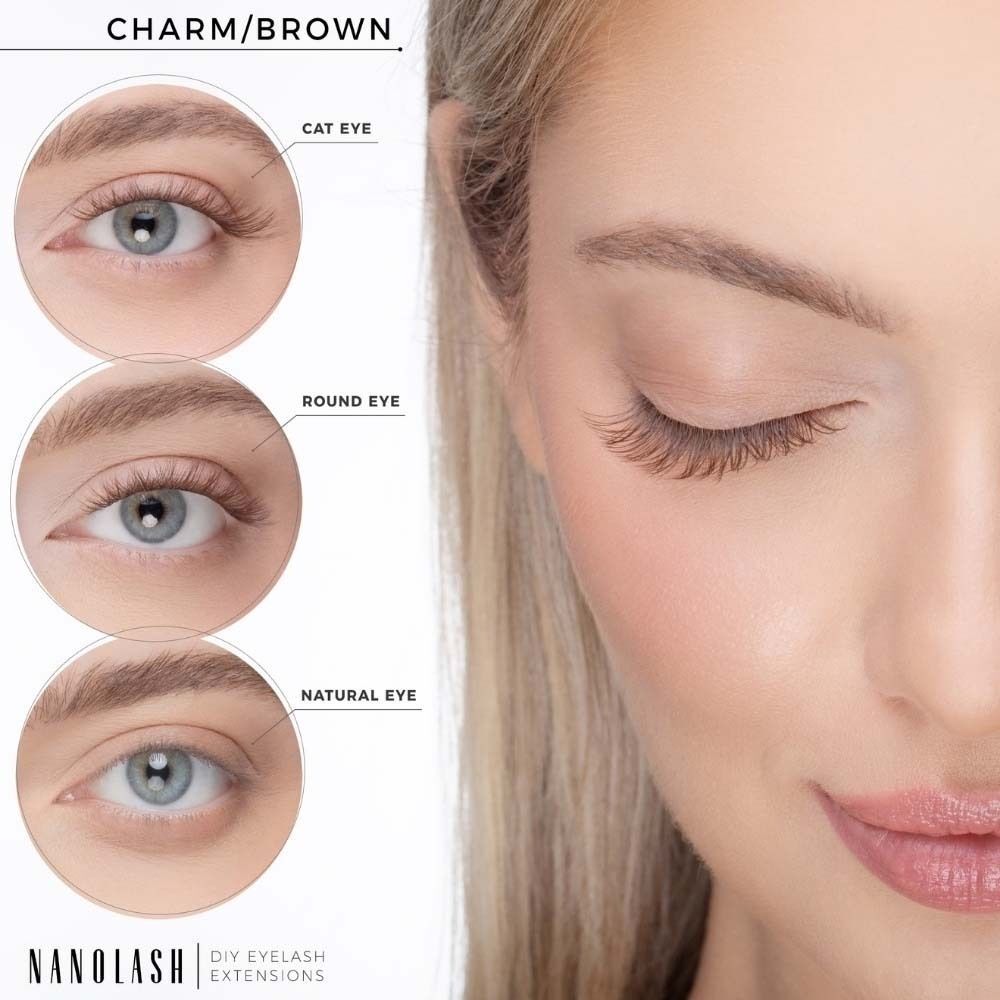Drei Augenbeispiele: Cat Eye, Round Eye, Natural Eye. Text: Nanolash, DIY Eyelash Extensions, CHARM/BROWN.