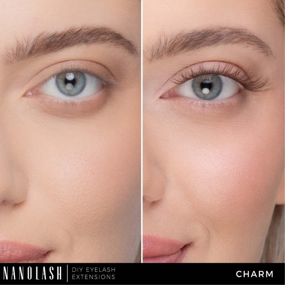 Nahaufnahme eines Gesichts. Links: Auge ohne Wimpernverlängerung. Rechts: Auge mit Wimpernverlängerung. Nanolash-Logo und Produktname sind sichtbar.