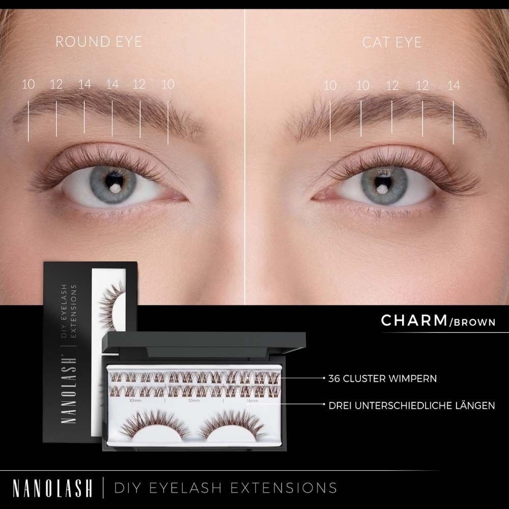 Produktverpackung mit Wimpern. Aufschrift: 36 Cluster Wimpern. Drei unterschiedliche Längen. Nanolash-Logo und Produktname sind sichtbar.