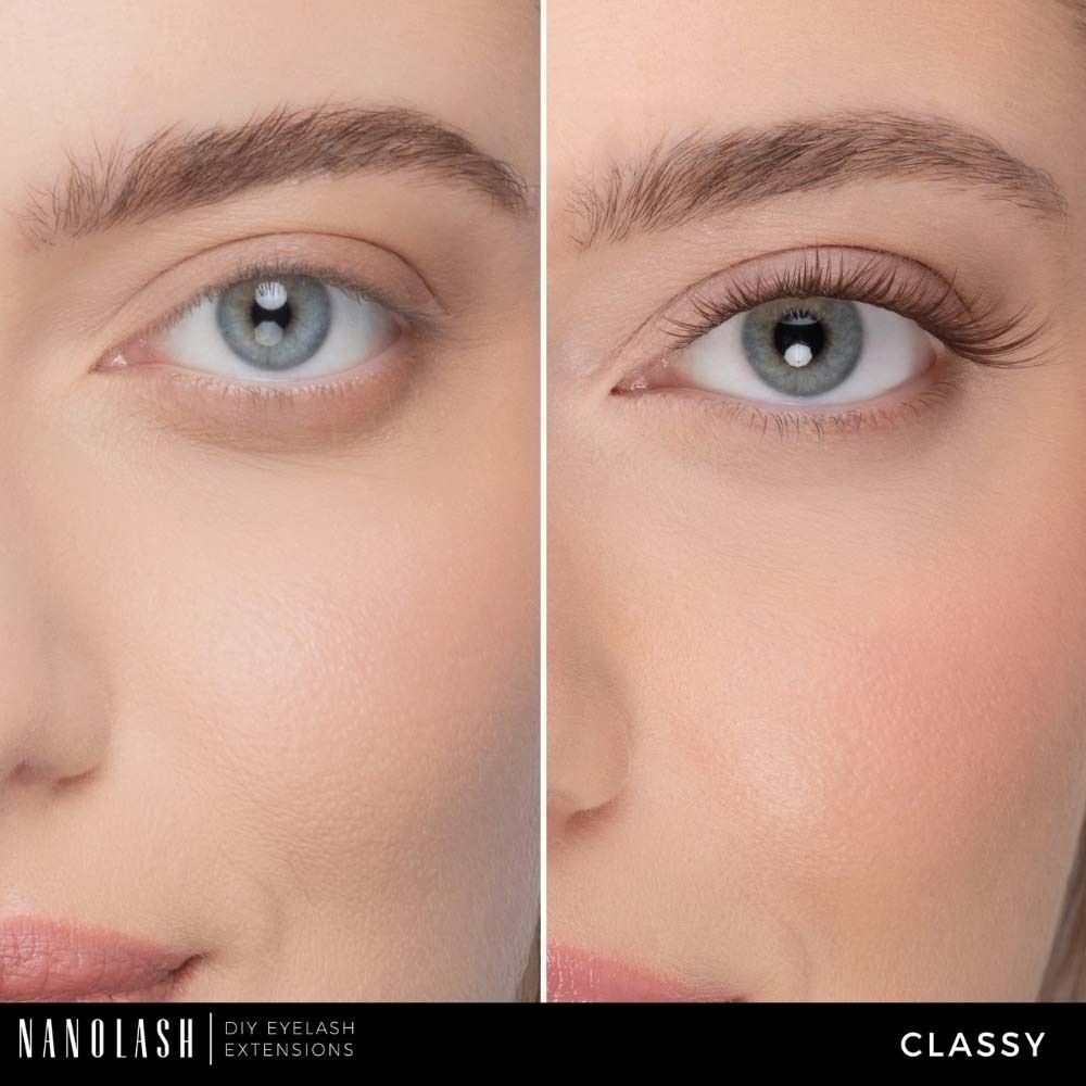 Vorher-Nachher-Vergleich eines Auges. Links: ungeschminkt. Rechts: mit Wimpernverlängerung. Nanolash-Logo unten links, 'CLASSY' rechts.