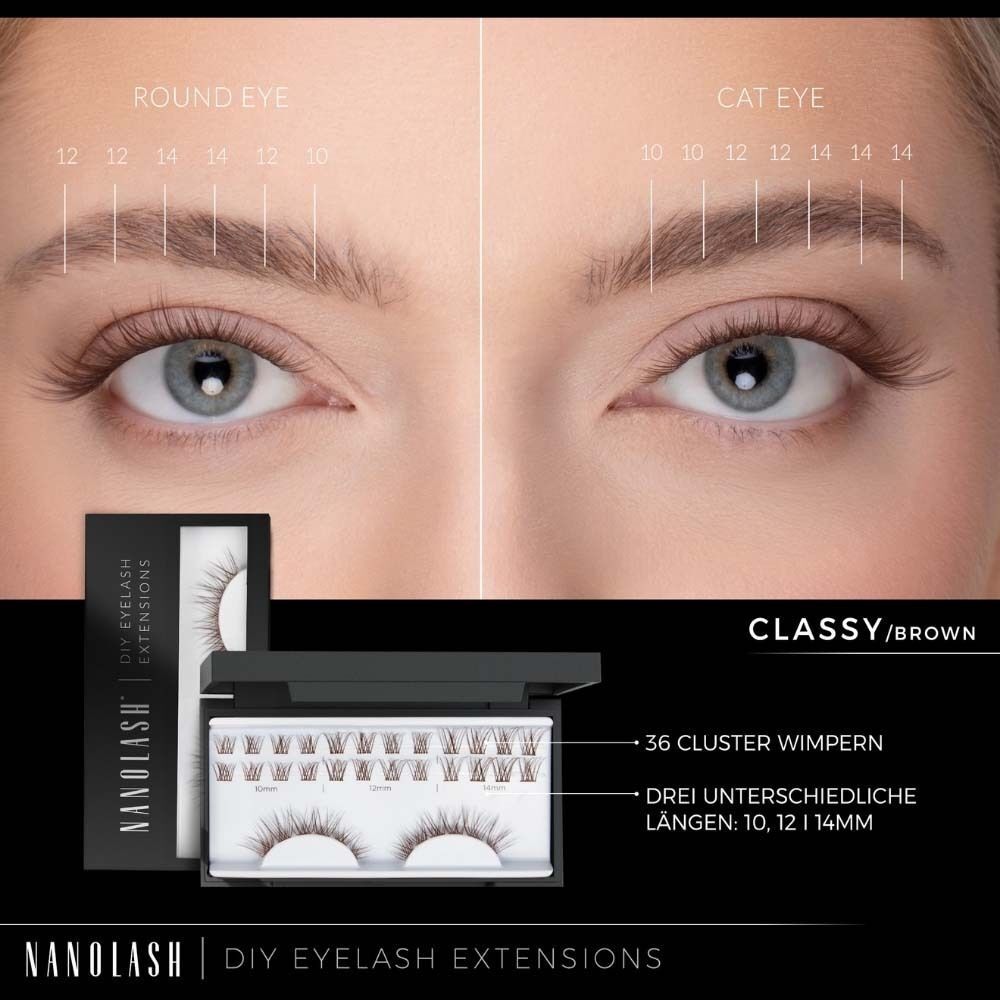 Geöffnete Nanolash-Verpackung mit Wimpern. 36 Cluster Wimpern, drei Längen. 'CLASSY/BROWN' und Logo sichtbar.
