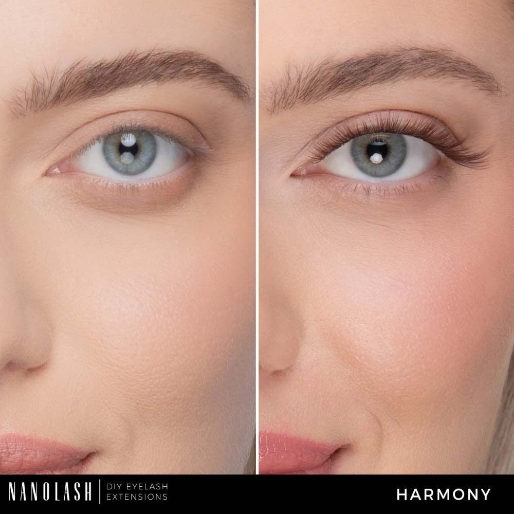 Nahaufnahme eines Auges vor und nach der Anwendung von Wimpernverlängerungen. Der Name Nanolash ist unten links zu sehen.