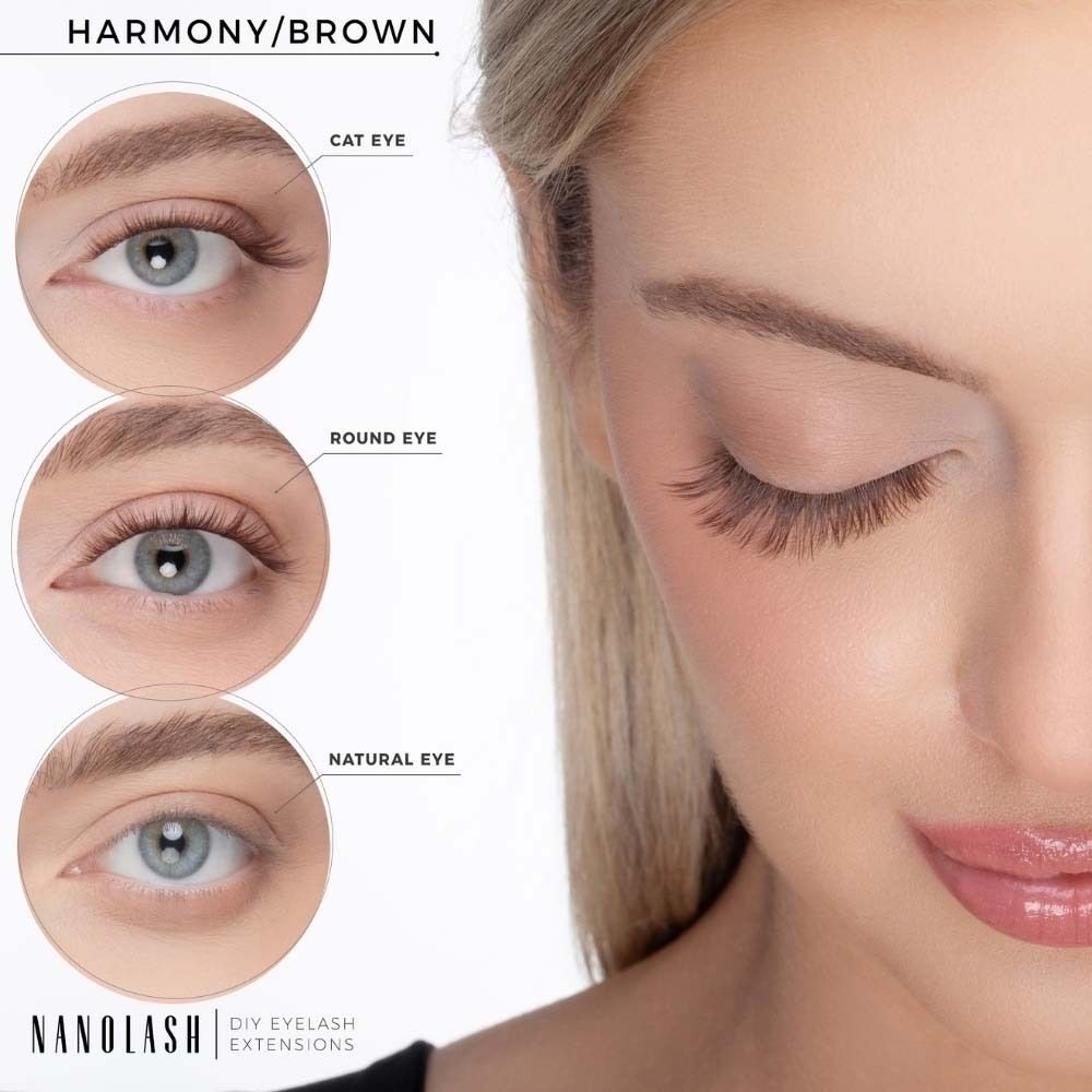 Drei Augen mit unterschiedlichen Wimpern-Looks. Der Name Nanolash ist unten links zu sehen. Der Text HARMONY/BROWN ist oben.