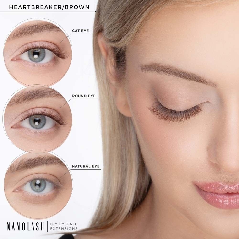 Drei Augenformen mit Wimpernverlängerungen. Oben: Cat Eye. Mitte: Round Eye. Unten: Natural Eye. Der Text lautet: HEARTBREAKER/BROWN und Nanolash.